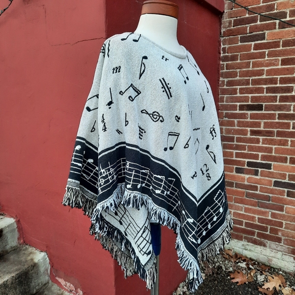 Vintage 90's Tapestry Blanket Throw Coat Poncho Cape Music Notes Fringe Novelty - Picture 6 of 13